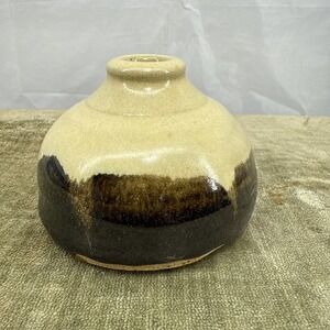 Art Studio Pottery Vase‎ Tan W/Brown Glaze Hand Thrown Clay Pot Artist Signed SH